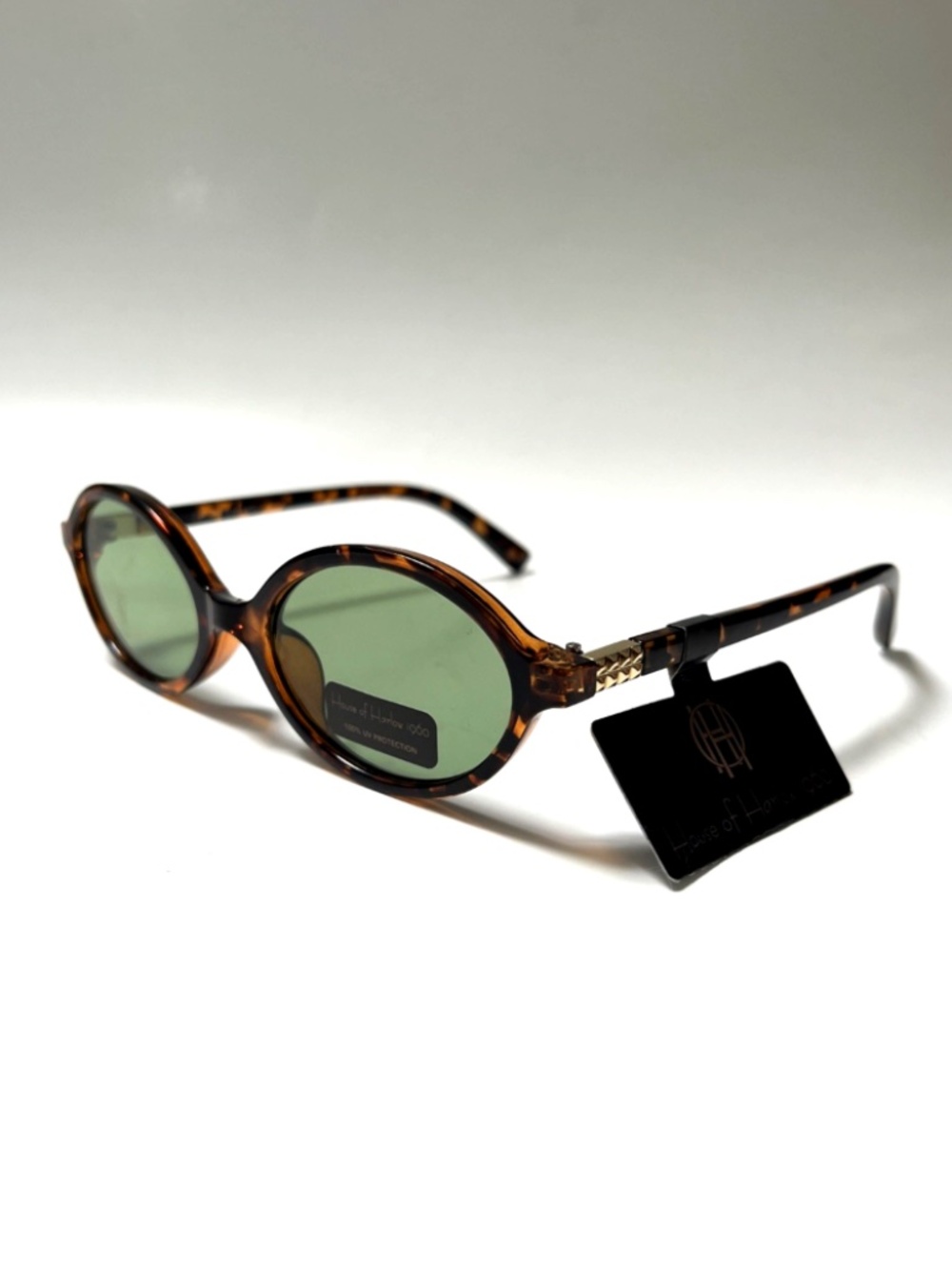 House of Harlow 1960 Slim Oval Sunglasses Acetate Tortoise Shell Green Lens NWT